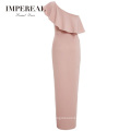 Women Diamante Waistband Maxi Ruffle Layer Neckline Peach Bridesmaid Pink Dress